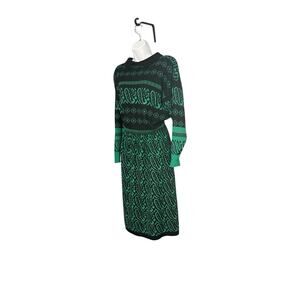 Lauren Steele Vintage 80s Holiday Knit Sweater‎ & Skirt Set Black Green Paisley